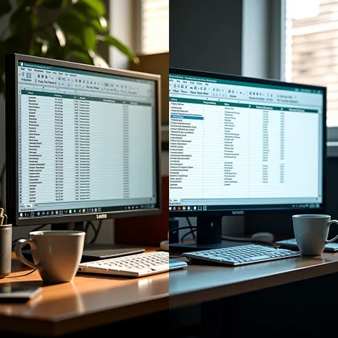 Split-screen realism. Left: chaotic desk with an Excel sheet titled 'Pending TTNs - 247 rows', clock showing 3 PM. Right: clean desk, same Excel now labeled 'Completed - 0 errors', clock at 3:15 PM. The program’s logo is embedded in the taskbar. Details: f...