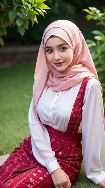 Beautiful girl looking at the viewer ,Sitting in a flower garden,Wear a modern chic red dress with floral embroidery, a blouse with a pair of hijab trousers.,, clear white skin, soft cheeks, Smiling charmingly, seeing ,Sharp face,  brown eyes , earring,  p...