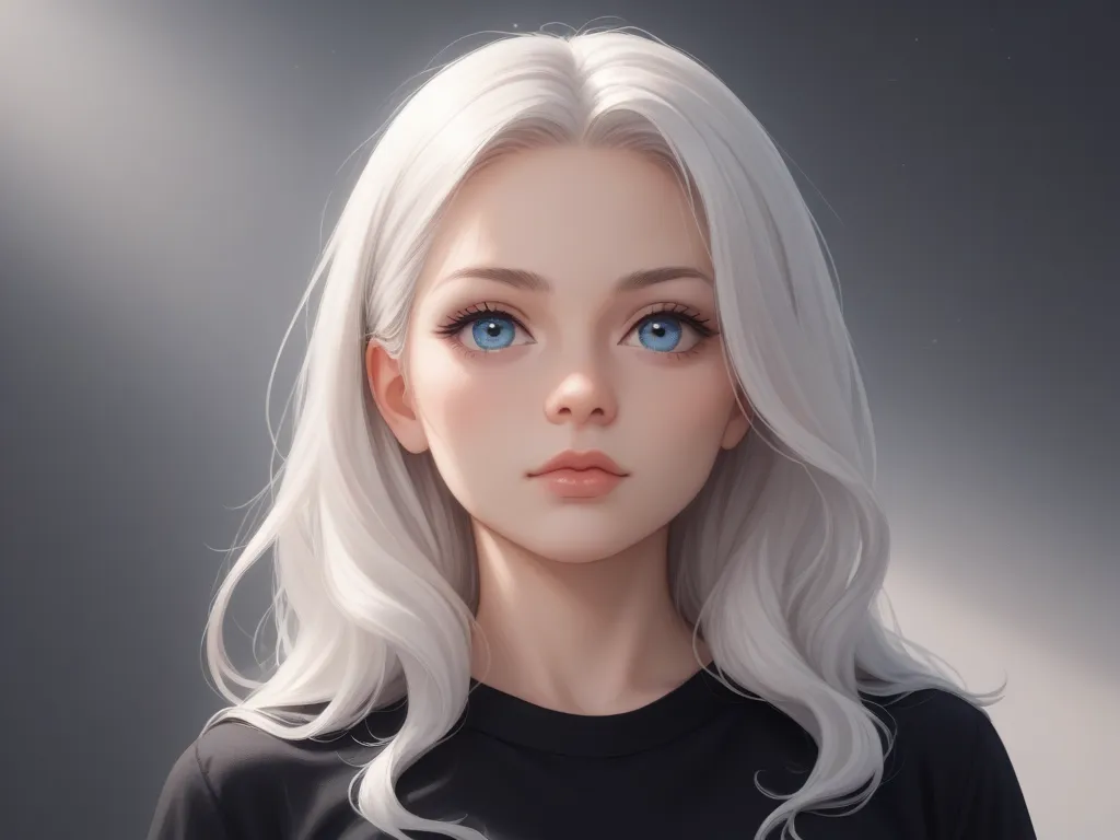  The picture shows a cat girl. girl with long white flowing hair,open-forehead ,  white eyebrows ,  Blue eyes ;  in a very short tight black top and loose sweatpants of the same color.