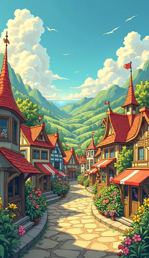 wallpaper, Drawing style, town, sunny 