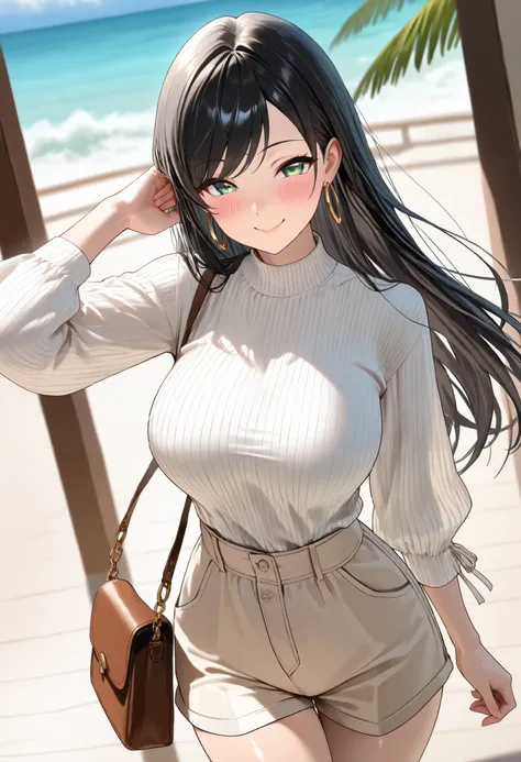 (best quality, masterpiece, ultra detailed, high resolution), Beautiful 8K CG artwork, Enriched photography, anatomically accurate body, depth of field,  1girl, elegant yet sexy girl, (long hair, black straight hair, swept bangs), 
round large breasts, bre...