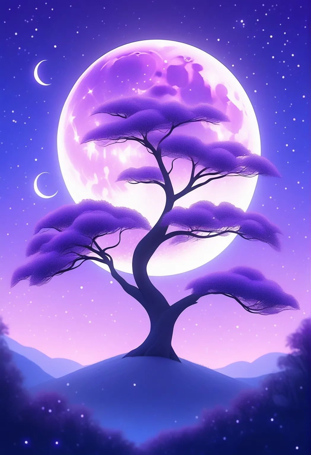 A tree in space，moon in the sky, light purple and light indigo style, animation art, Night light, Wonderful collage, Shimmer,  uhd image , Zen Buddhist influence, Fantastic ,16k