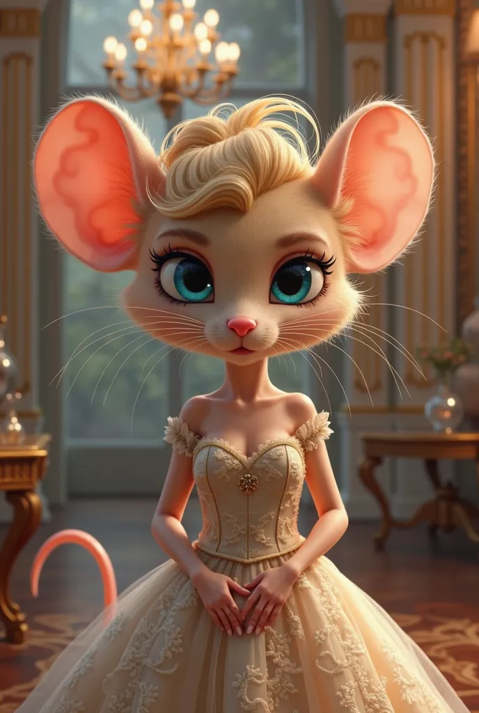 A cute cartoon rat femme fatale blond hair, blue eyes, Gala bun,  gold earring , age mûr 