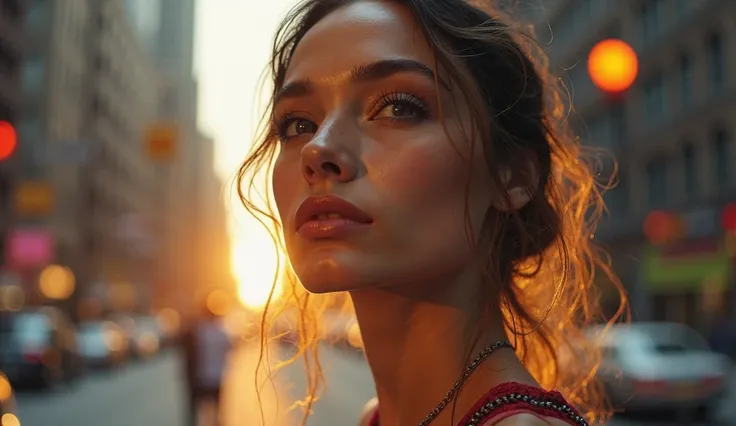 in new york ,in the morning,cute woman ,her whole upper body is visible here,opening her eyes,27years old, a portrait by Wayne England, trending on cg society, arabesque,  portrait Mikayla Demaiter, gorgeous woman, photo of the beauty gal gadot, portrait o...