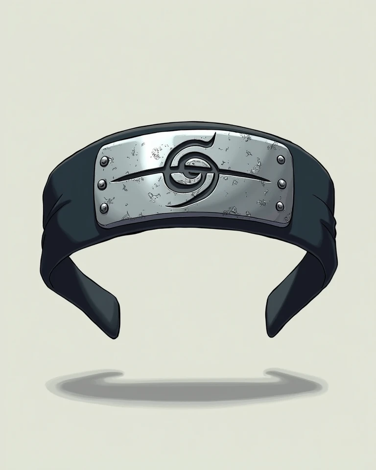 "A high-quality anime-style metallic forehead protector (headband) floating in mid-air, positioned perfectly straight. The metal plate has a scratched and battle-worn texture, featuring the engraved Hidden Leaf symbol with a deep horizontal slash through i...