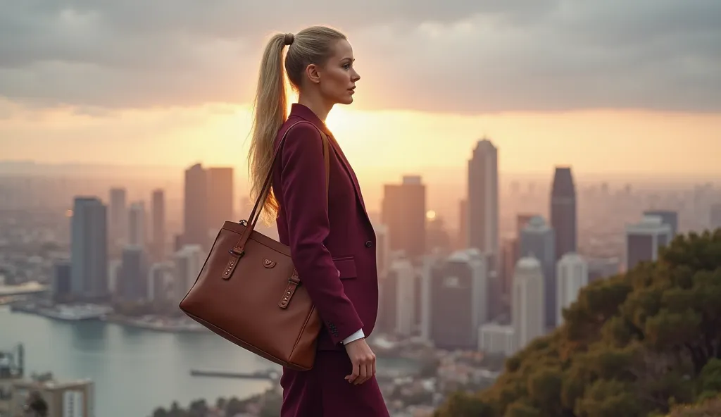 Side view close-up. A beautiful smiling blonde woman, with a long fluffy ponytail, and a graceful figure with model shapes, in a RebeccaPurple 2 Pieces Set Asymmetrical Skirt Suits Elegant Women Business Blazer With Skirt and burgundy silk blouse stands on...