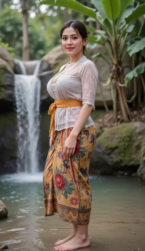 Realistic photo of an Indonesian woman seen up to her feet, curvaceous body, chubby and fat, using kebaya and batik skirt, face facing the camera.  Elegant elegant style elegant aesthetic . sexy butt, big ass and hips, Good Detail . stand sideways with ple...