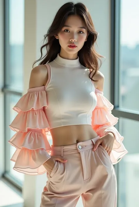 Create an image for panel wear, a Korean model Wearing a fashionable casual crop top and high neck line and half sleeveless multilayered ruffles soft water fall like sleeves