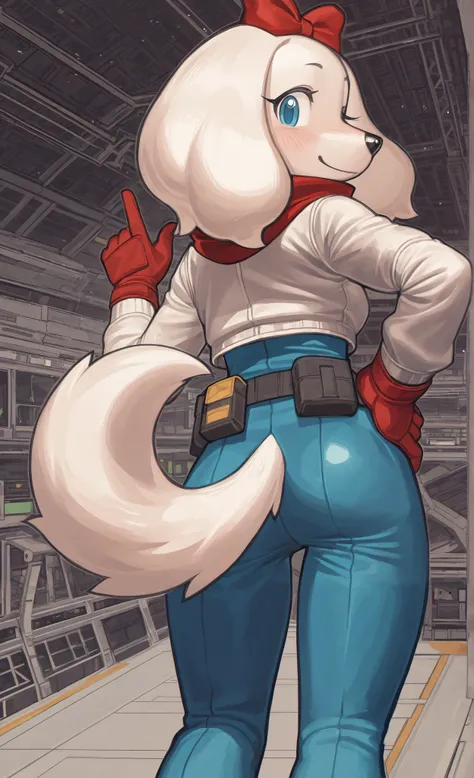 ((Fay Spaniel)), ((Starfox)), ((pixelsketcher style)), ((wamudraws style)), ((masterpiece)), ((high resolution)), ((solo portrait)) ((back view)), {(attractive figure), (beautiful legs), (white fur), (black nose), (floppy dog ears), (cute blue eyes), (long...