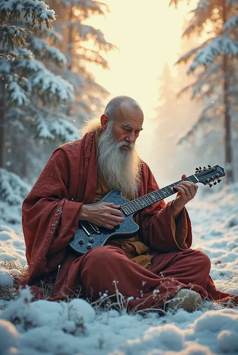 A elderly monk with a digital guitar, background is ice and forest with sunshine