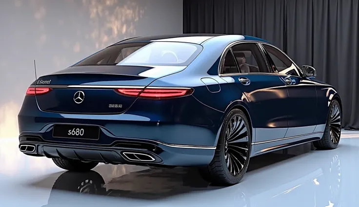 
create an ultra-detailed 3D render, of a modern day 2025 Mercedes-Maybach S680 carprice with a bold design looking long captured from straight door open view. The car should feature Midnight Blue with Iridium mheron white' glossy mheron with silver a' Mer...