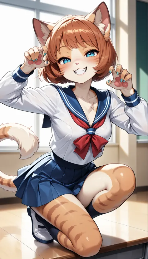 1 Beautiful Girl , cute fur , Furry, Cat face, Cat girl, short bob, (Alluring, smile, grin , open your mouth, tooth, Cat's paw, nail), anime style, (Medium breast), petite body, very cute, (Pigeon Pose, sailor suit, pleated skirts that blow out, mi...