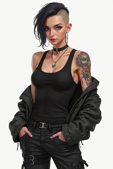 Character A woman of 1,75 butt with short hair shaved on the side with a tattoo that sticks to the head on the shaved side of the head and goes up to the hand. 
Wearing a black tank top with a jacket and a black cargo jersey with a black 