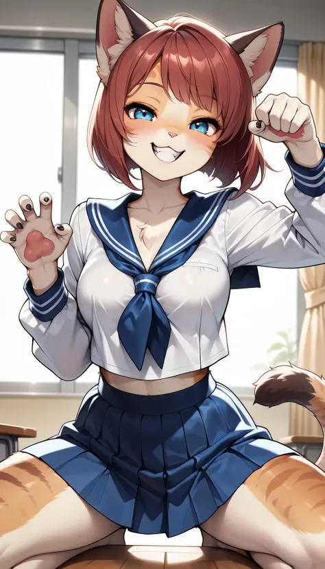 1 Beautiful Girl , cute fur , Furry, Cat face, Cat girl, short bob, (Alluring, smile, grin , open your mouth, tooth, Cat's paw, nail), anime style, (Medium breast), petite body, very cute, (Pigeon Pose, sailor suit, pleated skirts that blow out, mi...