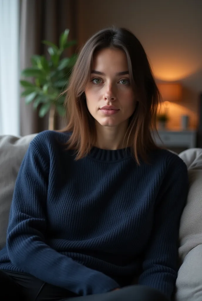  Ultrarealistic image . A pretty slim brunette 25-year-old German woman.  She has a narrow face with high cheekbones. She has straight shoulder-length hair . She is wearing a dark blue sweater and black yoga pants. She is sleeping on a couch in her living ...