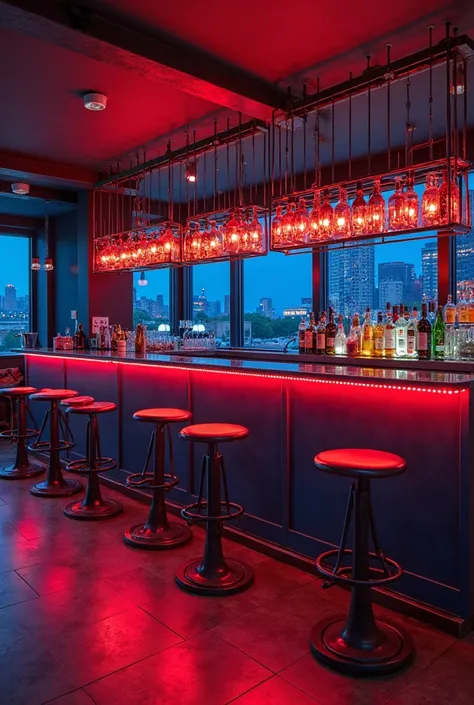 Run a modern university bar from a city called Ravenshore, in scarlet and navy blue tones 