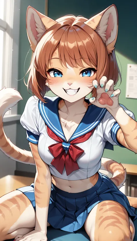 1 Beautiful Girl , cute fur , Furry, Cat face, Cat girl, short bob, (Alluring, smile, grin , open your mouth, tooth, Cat's paw, nail), anime style, (Medium breast), petite body, very cute, (Pigeon Pose, sailor suit, pleated skirts that blow out, mi...