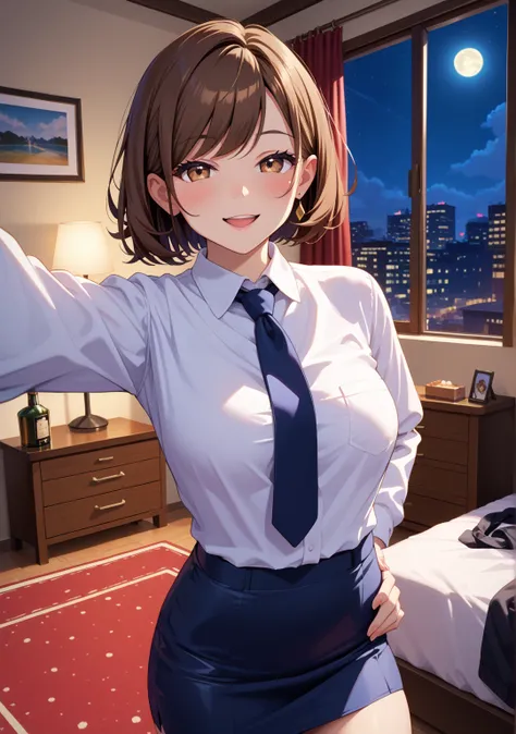 Selfie, Selfies,one girl, suit, skirt,night,short hair,brown hair, brown eyes, swept bangs,A very fat old man is looking this way, tie, drunk,cheers,sit, bedroom, NSFW