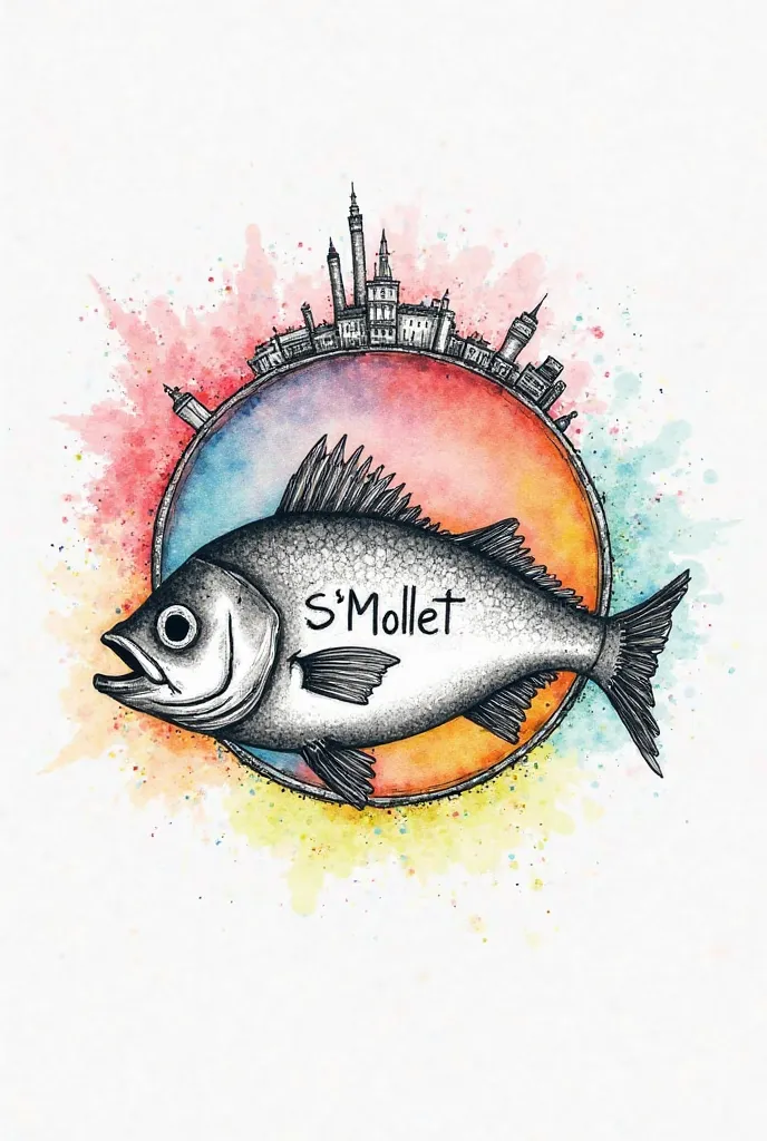 A sketch-style drawing of a fish with the name 'Sí Mollet' written inside it. The fish is surrounded by a circle of vibrant chromatic colors. Above and below the fish, small there are illustrations depicting buildings. The design should have an artistic to...