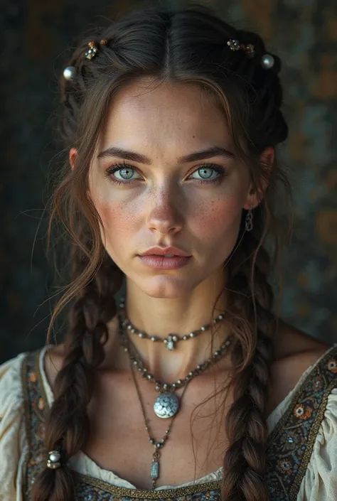 dramatic bust portrait picture of a young and stunning beautiful viking woman, dark braided hair with pearls in the braids, wearing historical viking clothing and jewelry, looking directly to the camera, detailed soft skin, soft realistic lips, reflecting ...