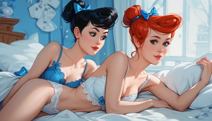 2girls, Betty Rubble, black hair, blue lingerie, short hair, hair bow, black eyes, and,  Wilma Flintstone, red hair, single hair bun, white lingerie,, lying in a big bed, sexy posing, the flintstones background