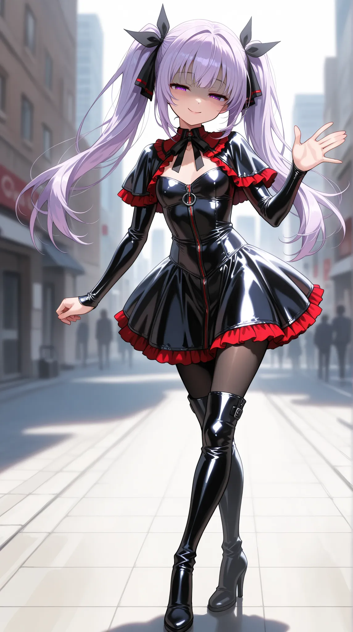 1 young beautiful woman, solo, (masterpiece, top quality, highly detailed, incredibly high resolution, high quality anime drawing), (purple hair, twin tails, black and red gothic style latex dress: 1.4, black ribbon, black tights, thigh-high boots, high he...