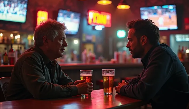 Create an image of Ethan Carter and his old friend Jake Miller sitting in a sports bar, watching a basketball game, beers in hand, engaged in a deep conversation about business struggles, neon bar lights casting a warm glow, aspect ratio 16:9