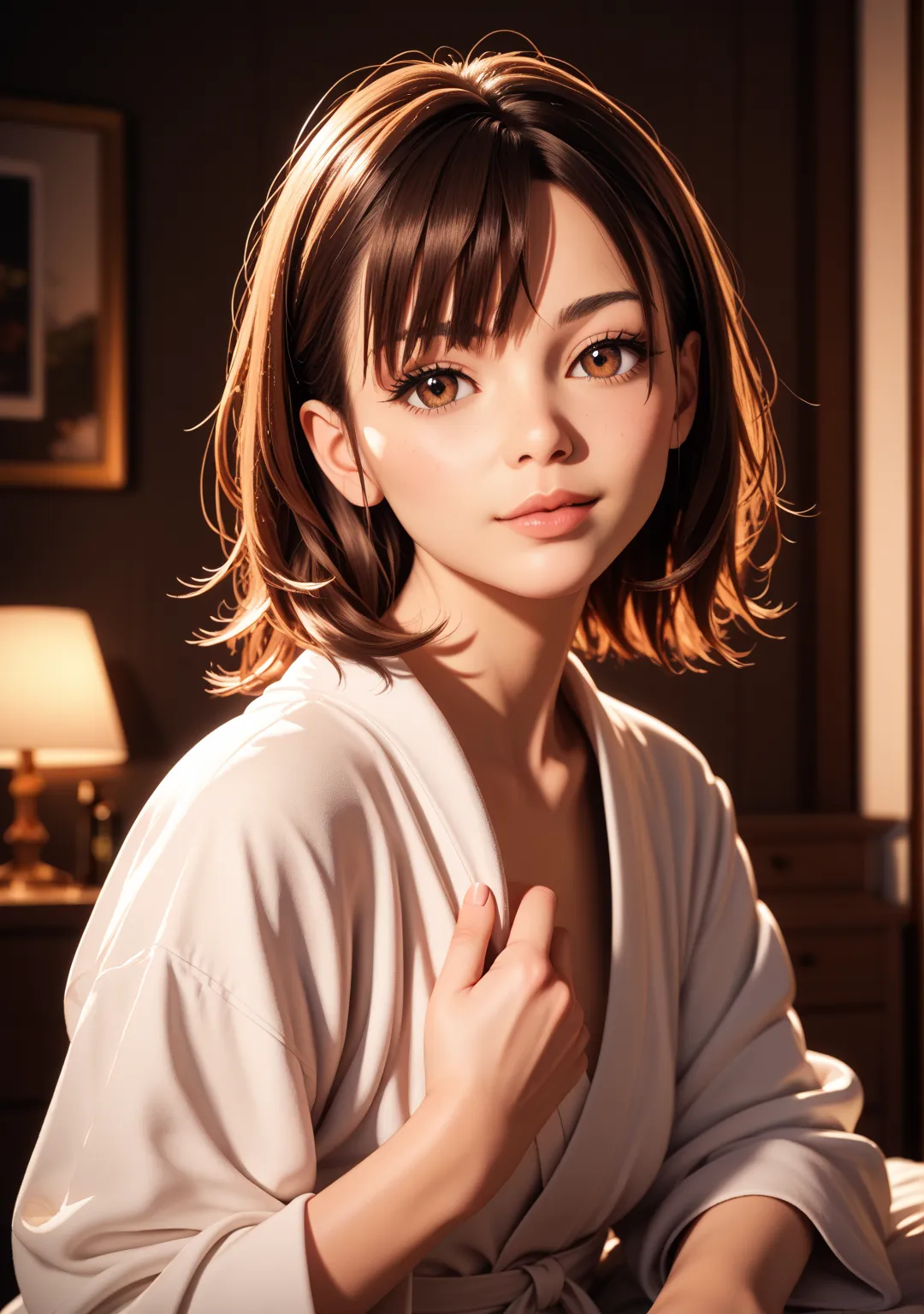 Selfie, Selfies,one girl, white bathrobe,night,short hair,brown hair, brown eyes, swept bangs, drunk,cheers,sit, bedroom, NSFW,fat old man, back hug