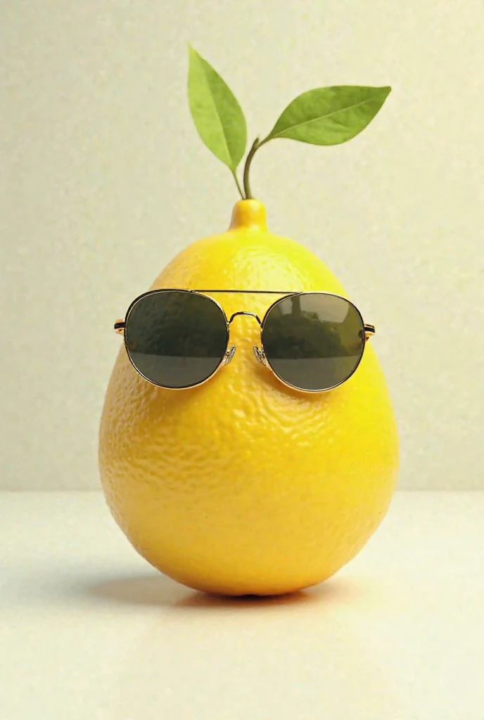 A lemon character with one leaf on top, wearing sunglasses