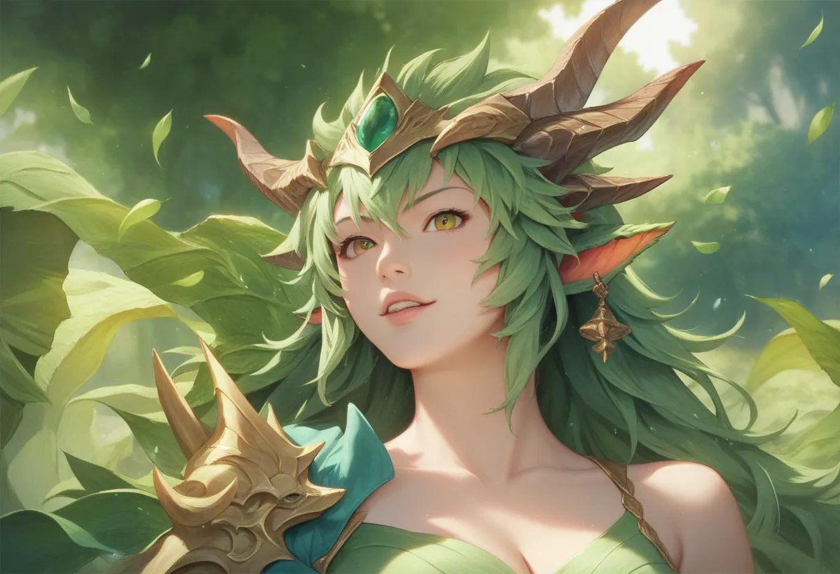 Anime girl with dragon head and green leaves in front of a puzzle,  Dragon Girl , the  Dragon Girl  portrait,  detailed anime art work, Jan J,  detailed anime art ,   detailed digital anime art, Dragon in the Background ,  Anime Fantasy Illustrations , Gwa...