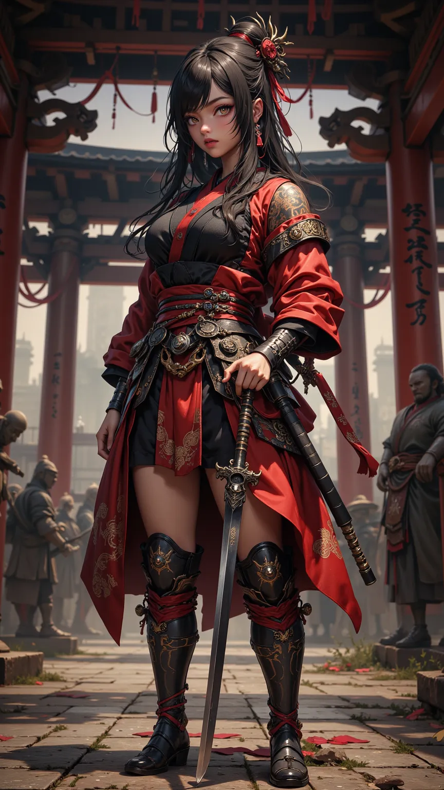 A powerful gyaru samurai girl with dark skin and tattoos，wearing traditional Japanese clothing and armored boots，Standing with a weapon in a realistic temple，has orange eyes and very ridiculous resolution。從下方往上看，lens from top to bottom