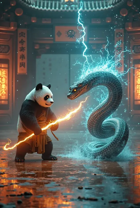 "((Masterpiece, highest quality, High resolution, photorealistic, Raw photo, Extremely detailed CG unified 8k wallpaper)), Zen Master Panda vs. Venomous Cyber Cobra: Martial Arts Battle, They are in a deadly standoff, panda wielding a glowing energy staff ...