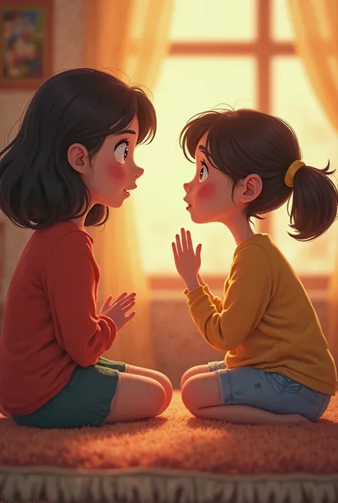 Create an animated 1 minute video about the conversation between sisters 
They are arguing about how important an older sister in a family vs how creative and thoughtful are the younger sister