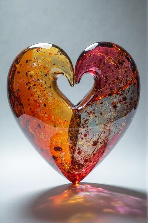 A realistic glass heart that half is from Nicaragua and the other half from Spain and Colombia and Brazil with the Initials N J A Y P 