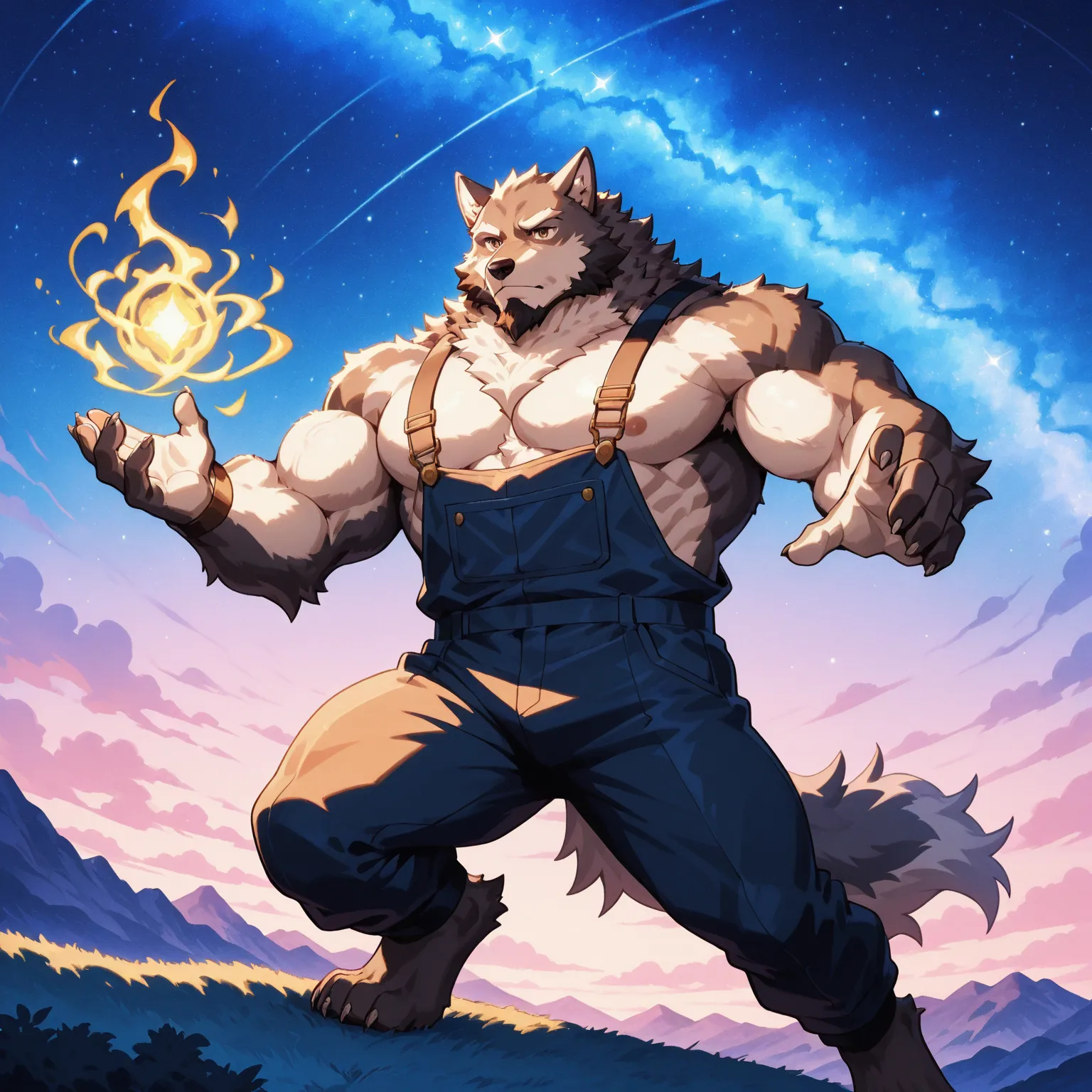 character focus, full body, looking away, dynamic angle, fantasy, wizard, a musclegut middle-aged wolf man, heroic wizard costume clothes, robe, shirt, pants, boots, casting ice magic, dynamic pose, BREAK full body in Michelangelo Buonarroti style, pastel-...