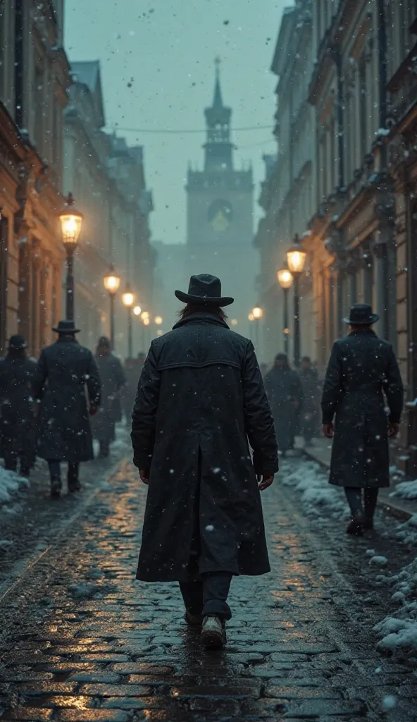 "A first-person view of a man walking through the dark, damp streets of 19th-century Saint Petersburg. His trembling hands, with thin fingers slightly stained with ink, hold a small notebook and a worn-out quill. He wears a heavy, tattered coat, partially ...