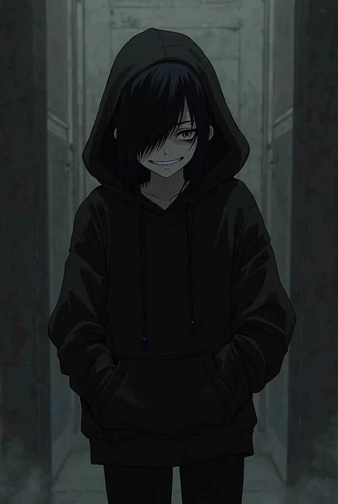 Black hair black hodie black pant creepy smile anime