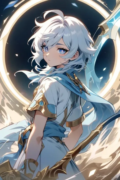 Amy stardust age 16 white hair left eye iris light blue right eye iris Golden wears a light blue scarf around his neck wields his scythe and a gun around his waist his pupils are cracked like rivers anim/genshin impact art style gender female  looks like a...