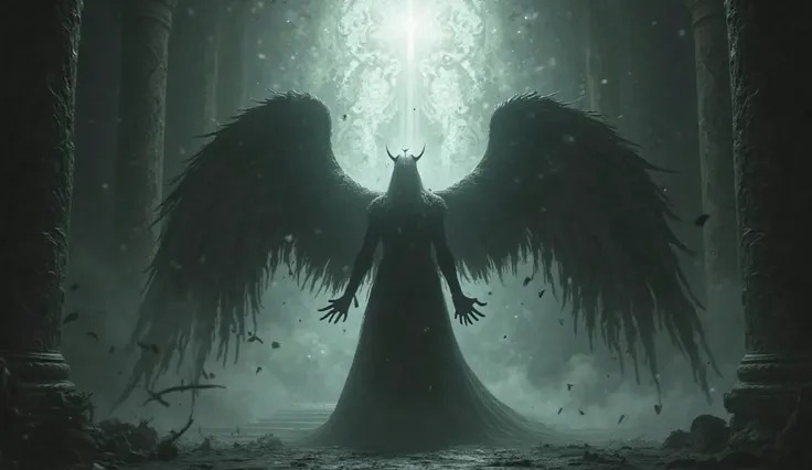 A dark silhouette of Iblis standing before a celestial throne, pleading for dominion over mankind