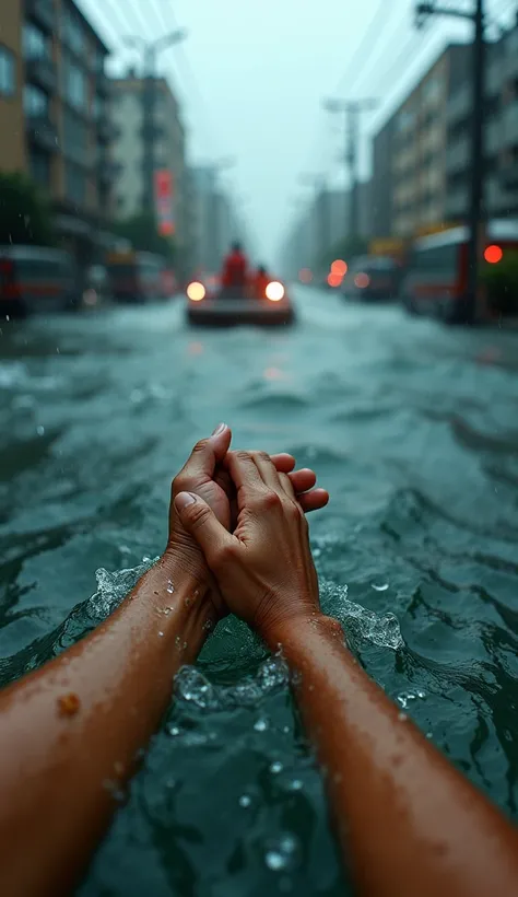 A true first-person perspective looking directly at hands. The viewer’s hands grip the wrist of a drowning woman, her soaked skin cold, trembling with exhaustion. Her terrified eyes meet the viewer’s for a fleeting moment as both bodies break through the w...