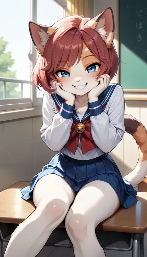 1 Beautiful Girl , cute fur , Furry, Cat face, Cat girl, short bob, (Alluring, smile, grin , tooth, Cat's paw, nail), anime style, (Medium breast), petite body, very cute, (Crush your cheeks, open, sit, sailor suit, pleated skirts that blow out, mi...
