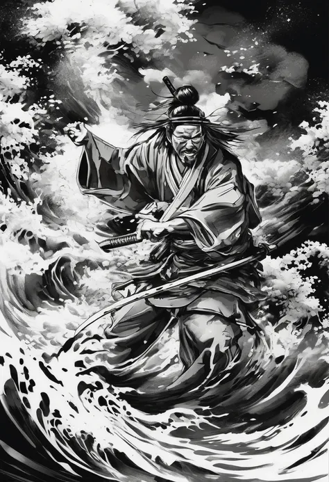 "Dynamic Sumi Painting Style,  Black and white only :  プロの illustrationsレーターによる ,   illustrations {x} teeth、Features Samurai, Action Shots, high detail, white background, sharp concentration, full body,  masterpiece, High Precision, high quality, Artistic ...