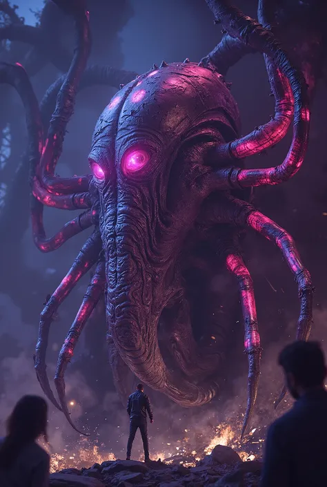 A horrible monster that has appeared from another dimension , A heinous monster that eats people , has a horrible appearance that has never been seen before, huge tail like a scorpion, 4 giant eyes ,8 tentacles, grotesque monster, Nightmare Manifestation, ...