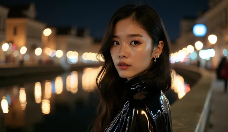 This image highlights the model through lighting and a nighttime riverside atmosphere. Reflections from the water and background lights enhance her as the focal point. Her overall look is charming, featuring Korean-style makeup and a modern hairstyle that ...