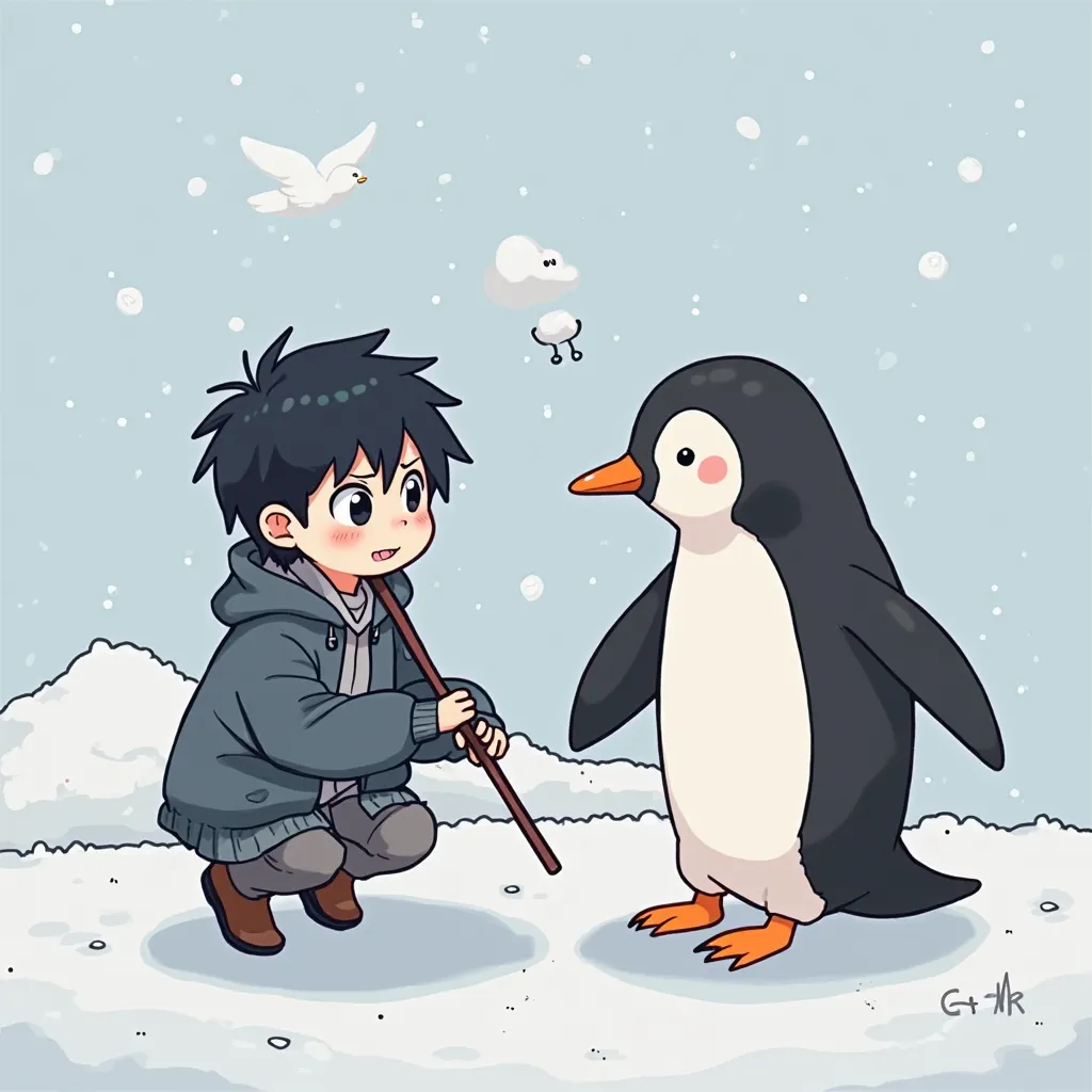 A cute dark-haired boy who seems to have a bad personality。The boy is doing something bad with a cute penguin who seems to have a bad personality。