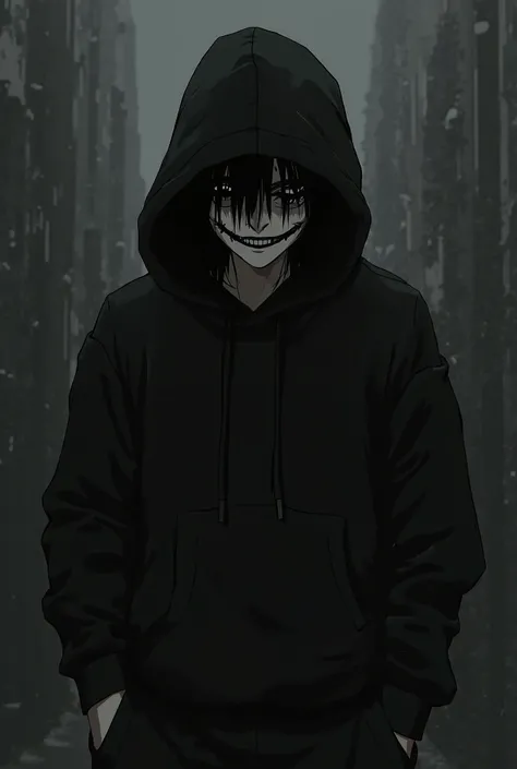 Black hair black hodie black pant creepy smile anime