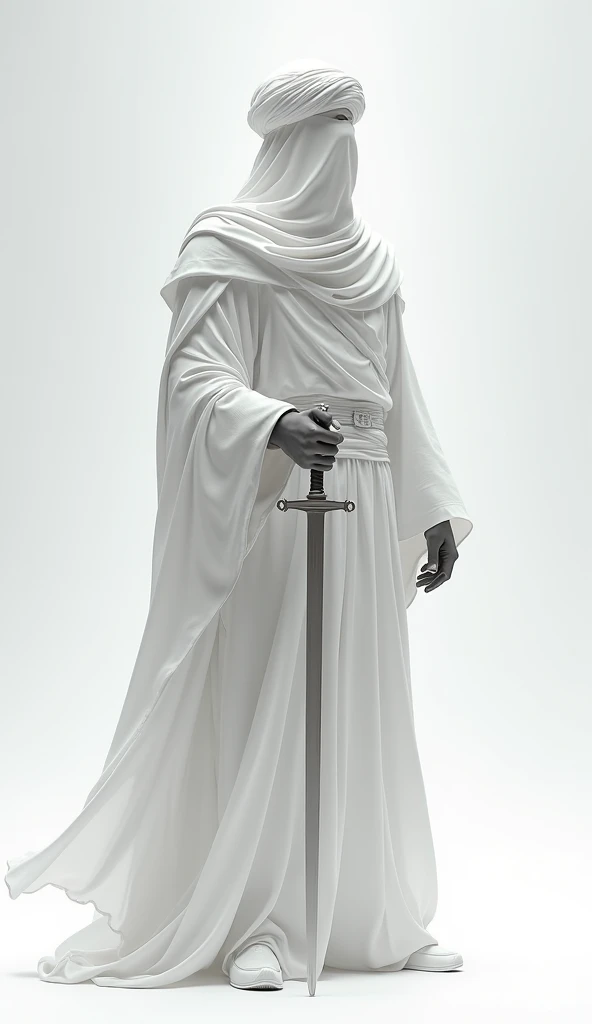 Zulfikar, a brave soldier of Islam, stands sword in hand,Turban on the head,all coler is white, no face