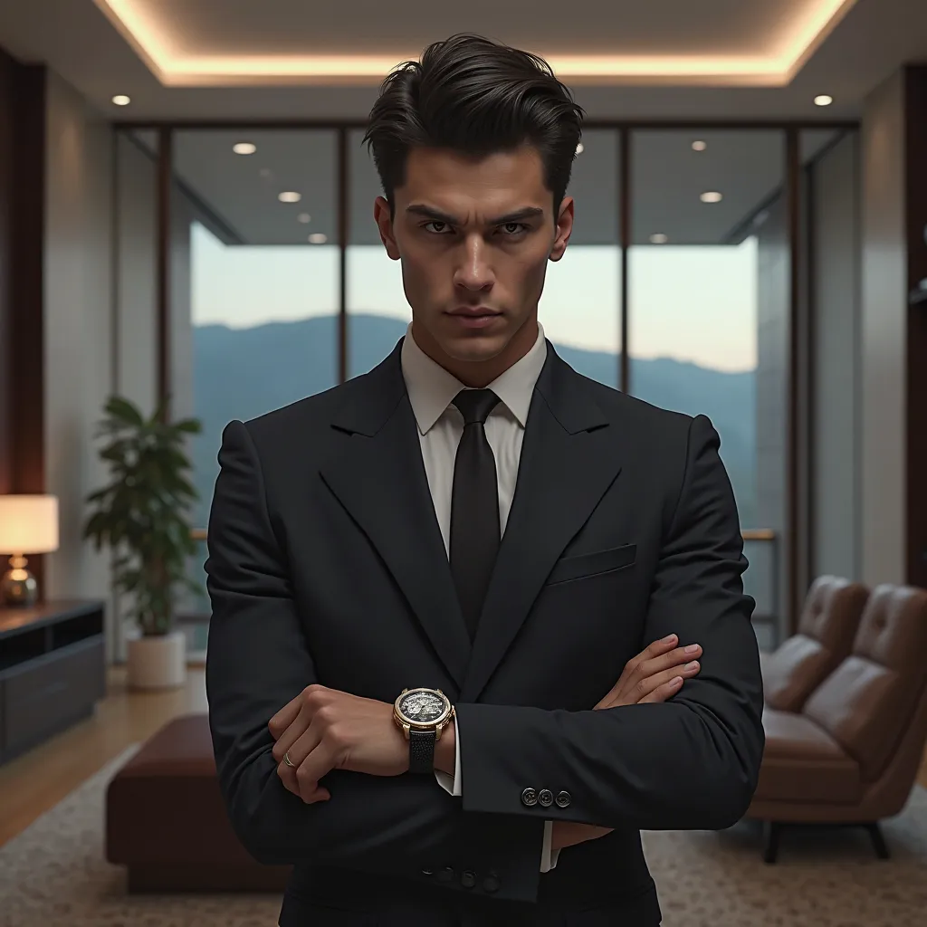 brutal, young,  man, in strict, classic suit,  hillock.  on her hand expensive watch . In her luxurious office.