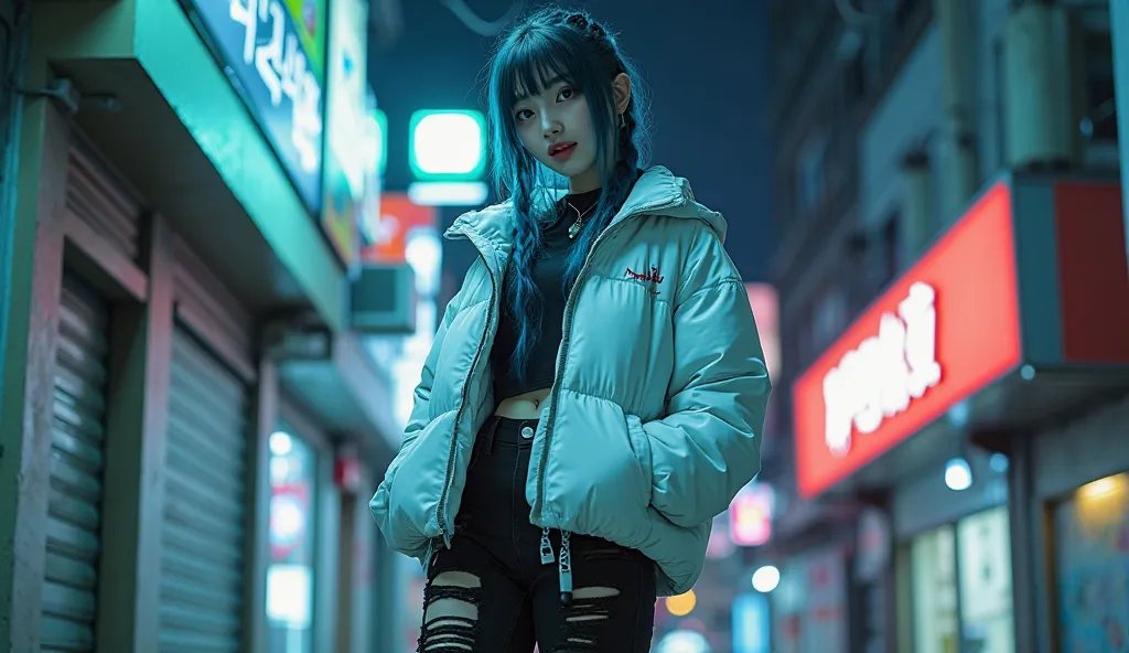 a hyper realistic  korean blue turqoise braided hair girl with a white cyberpunk jacket standing on the corner of a ledge looking into the camera from a bottom view, she is a street thug by nature, she smiles slightly with faith showing her ash blue eyes, ...