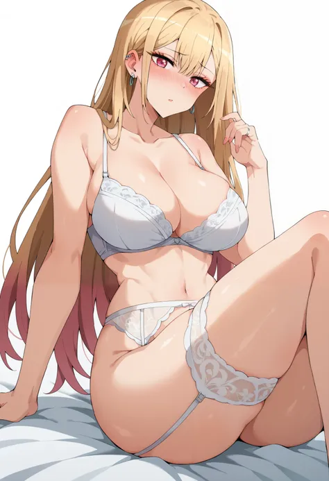 KitagawaMarin, multicolored hair, blonde hair, long hair, magenta eyes, ear piercing, earrings, makeup, large breasts, white bra, white panties, looking at viewer, cleavage, CLEAVAGE, thick thighs, white lace garter belt, clear skin, clear body, clear hair...